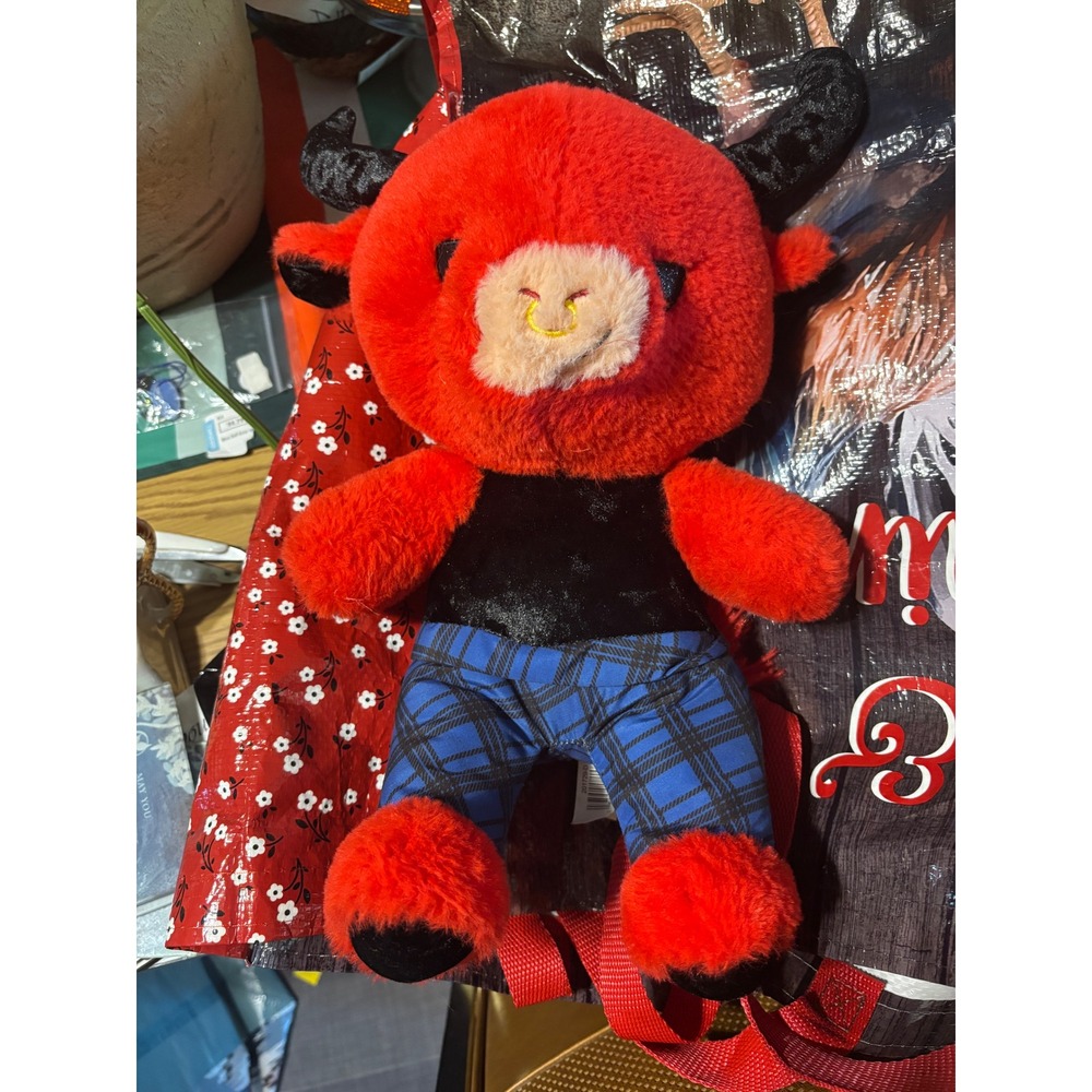 Plush Red Devil Bull Stuffed Animal Toy Black Plaid Pants Halloween Decor